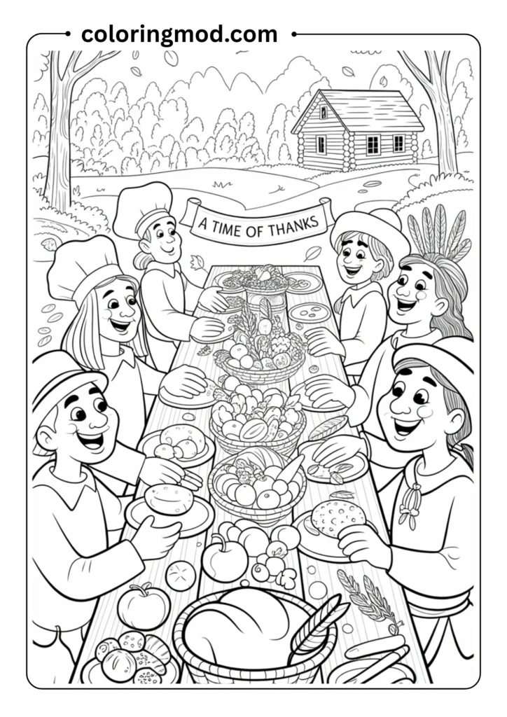 Pilgrims and Native Americans sharing a meal