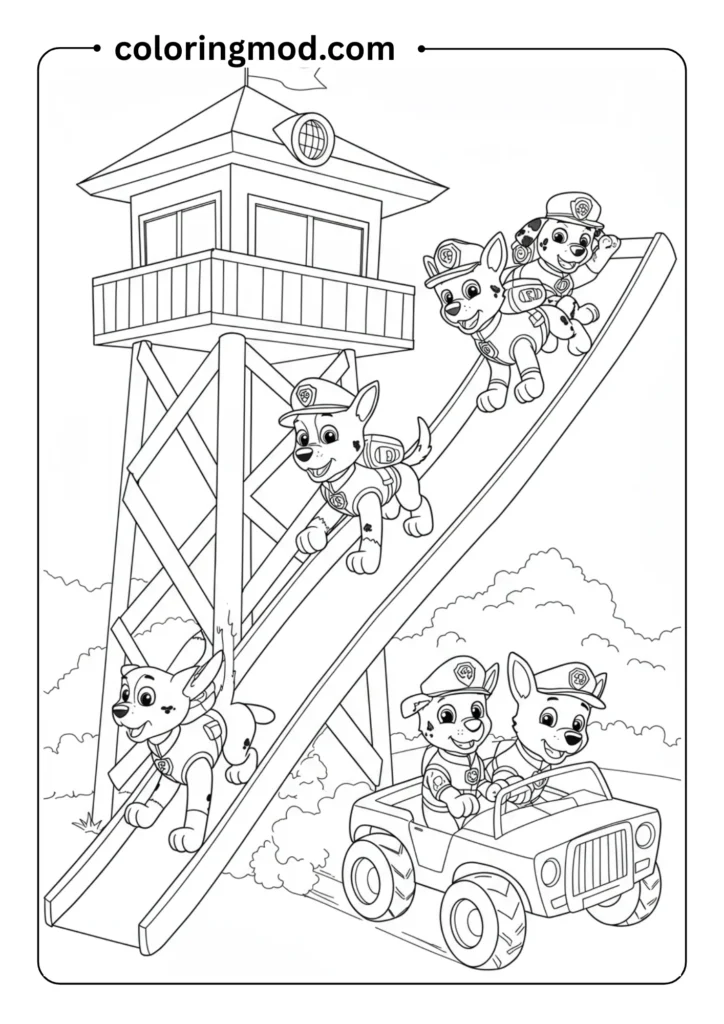 Puppies in uniform sliding down a lookout tower slide into their vehicles