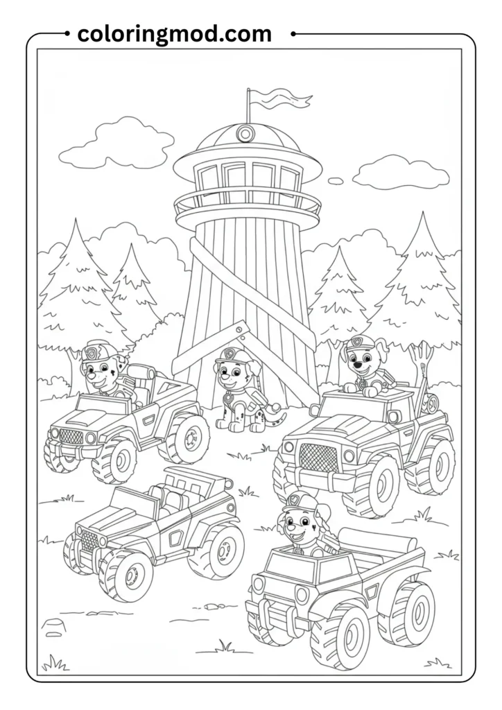 Pups in their respective vehicles parked in front of a lookout tower