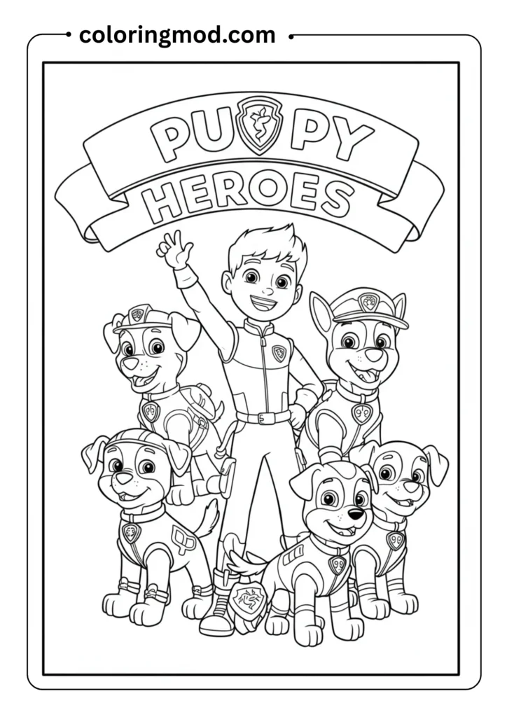 Rescue pups and their young trainer posing heroically under a banner that says