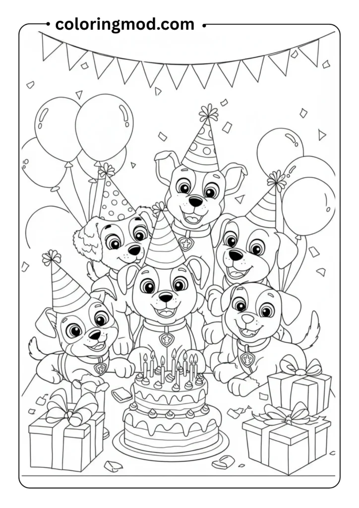 Rescue pups at a birthday party with balloons