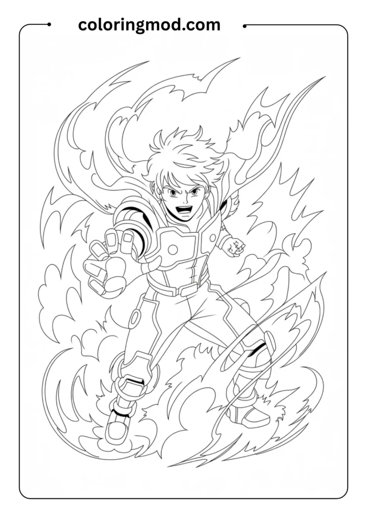 Shonen anime battle pose with intense expression and energy effects around character, outlined graphic only