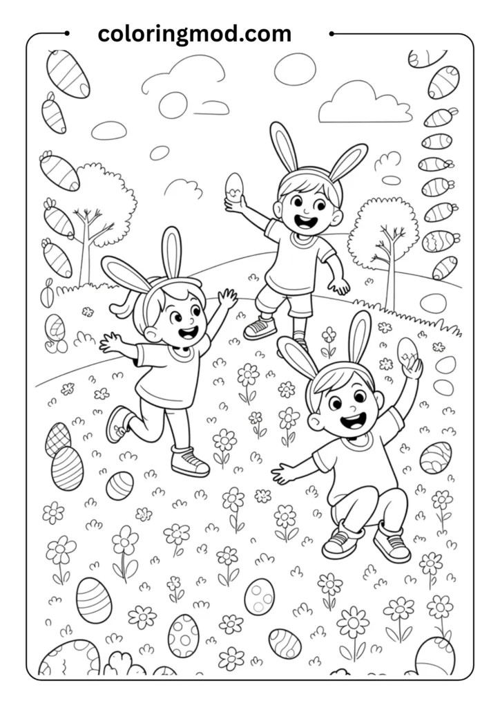 Simple black-and-white illustration of three kids