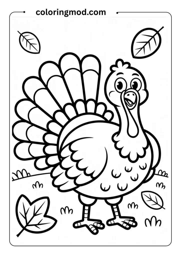Simple turkey outline for preschoolers, standing with large tail feathers, bold cartoon lineshigh school classroom with students chatting and a teacher in front, all characters outlined