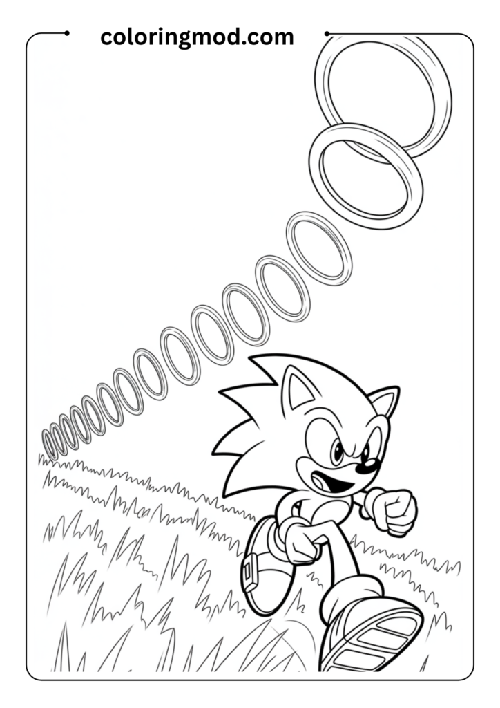 Sonic collecting a line of gold rings, with the rings