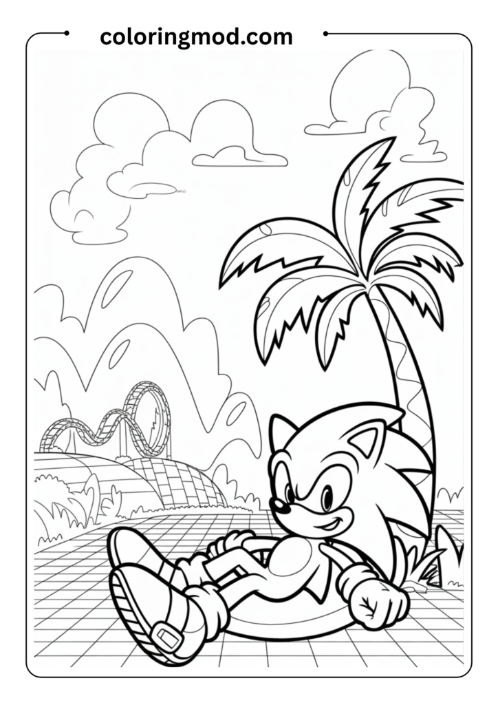 Sonic sitting relaxed under a palm tree on Green