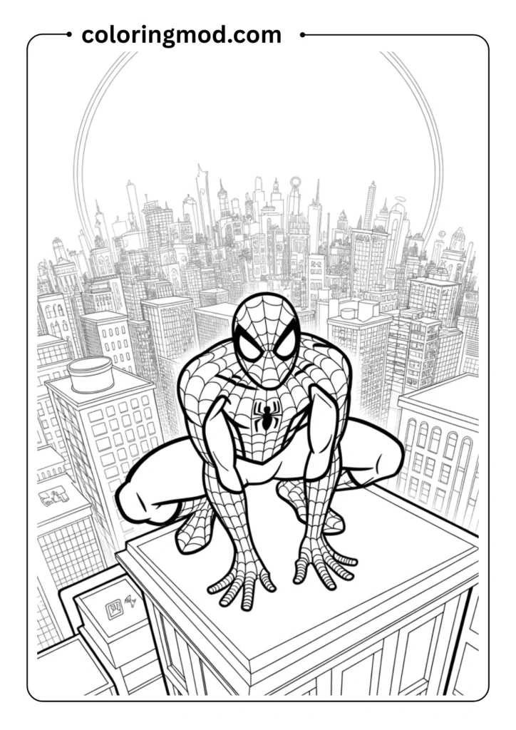 Spiderman crouching on top of a building at night,