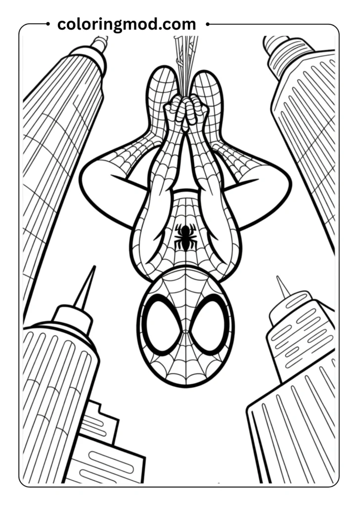 Spiderman hanging upside down from a web between buildings, smiling