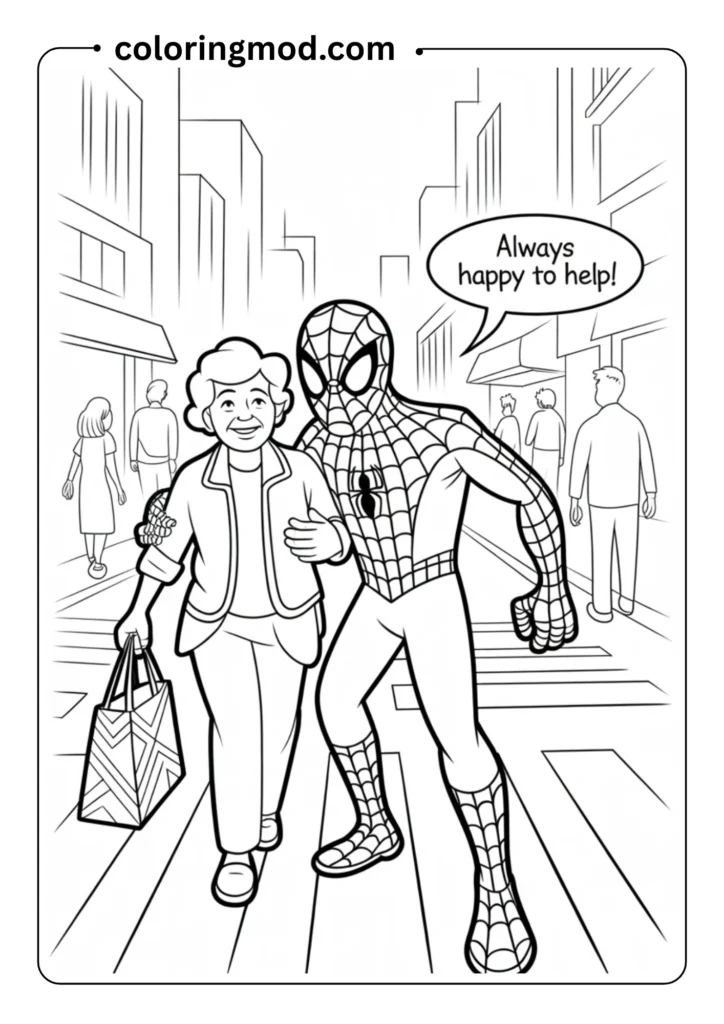Spiderman helping an elderly lady cross the street