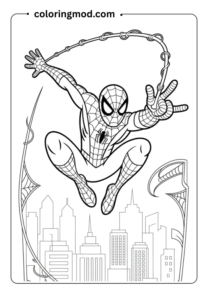 Spiderman in mid-air jump with one arm forward, web coming out of wrist