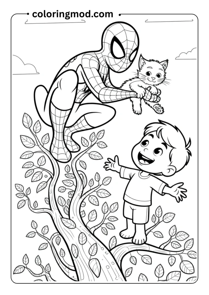 Spiderman rescuing a kitten from a tree
