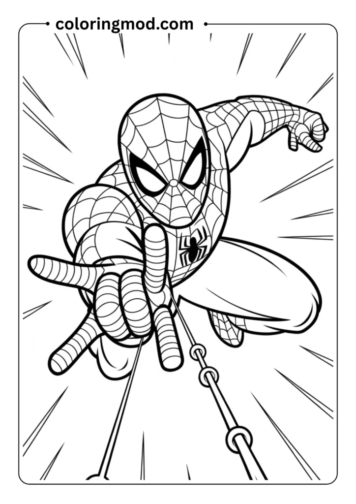Spiderman shooting web straight toward the viewer
