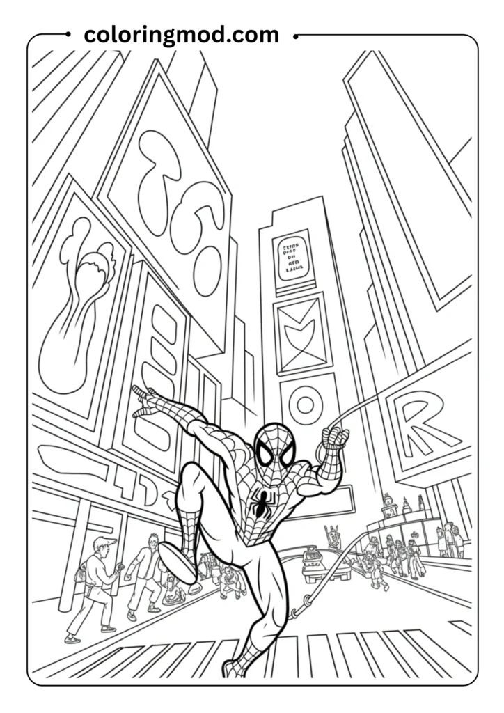 Spiderman swinging through Times Square