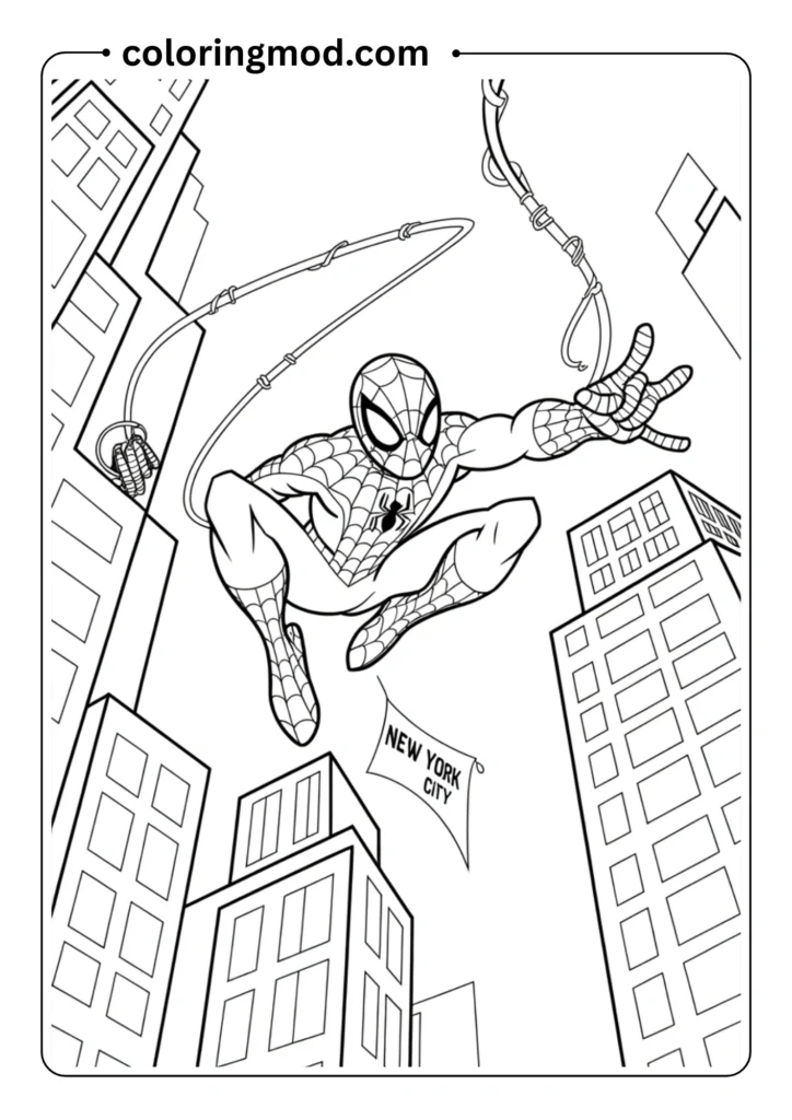 Spiderman swinging through the city with his web