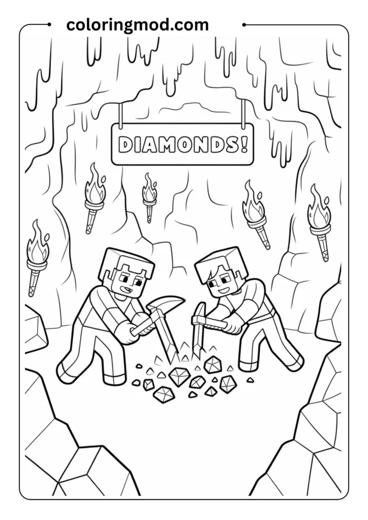 Steve and Alex mining diamonds in a cave with torches on walls, detailed black-and-white outlines