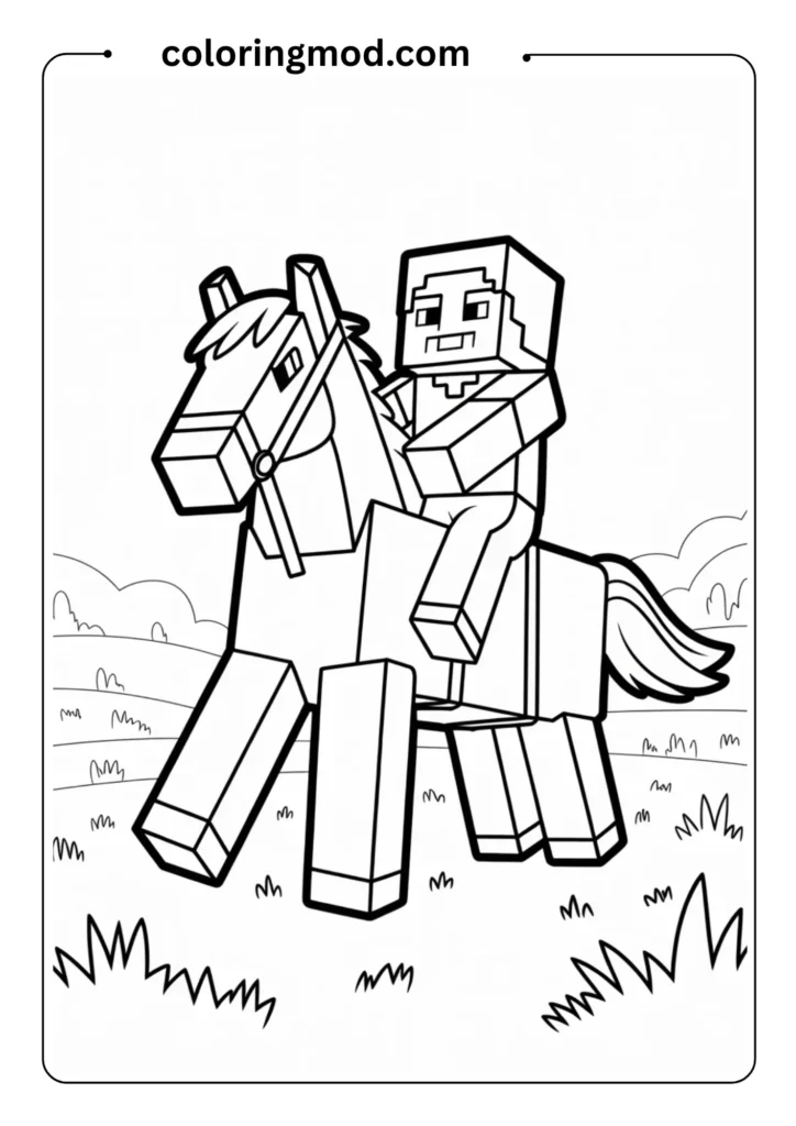 Steve riding a Minecraft horse across a grassy plain, simple cartoon outline for coloring