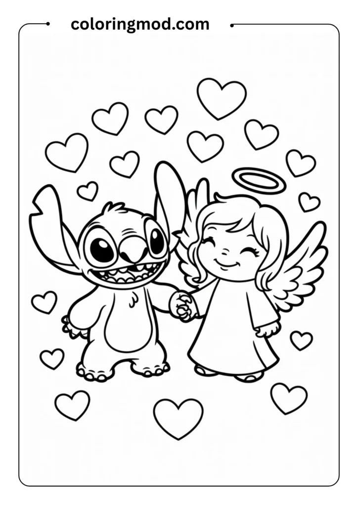 Stitch and Angel holding hands and smiling