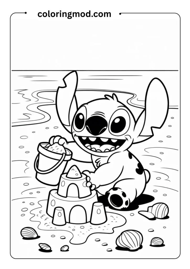 Stitch building a sandcastle with a bucket