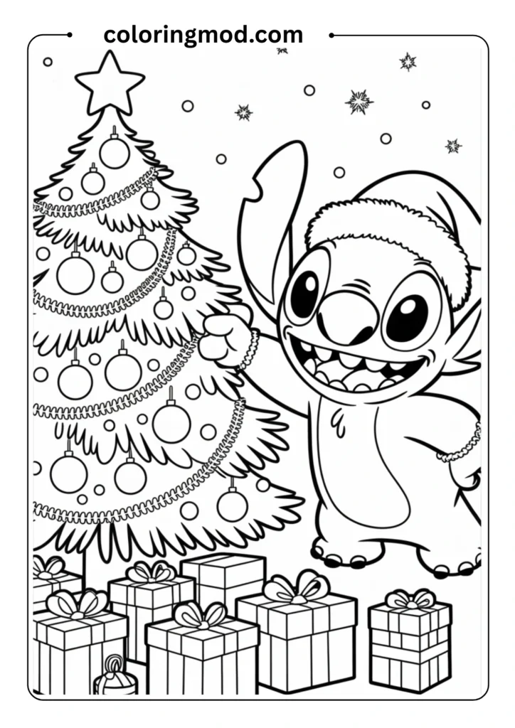 Stitch decorating a Christmas tree with ornaments