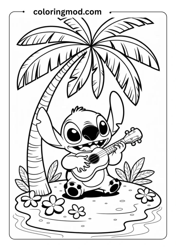 Stitch playing ukulele under a coconut tree,