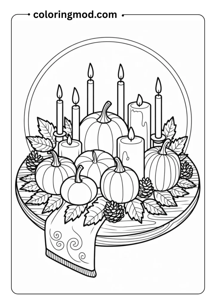 Table centerpiece with candles, pumpkins
