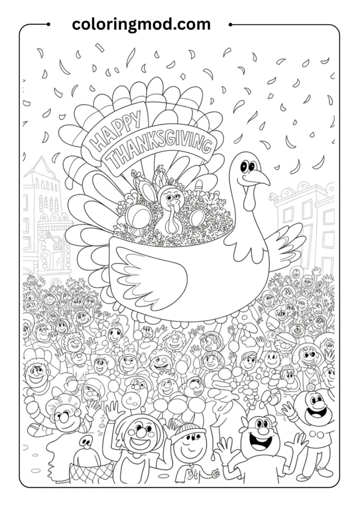 Thanksgiving parade turkey float with smiling crowd and confetti, outlined festival scene