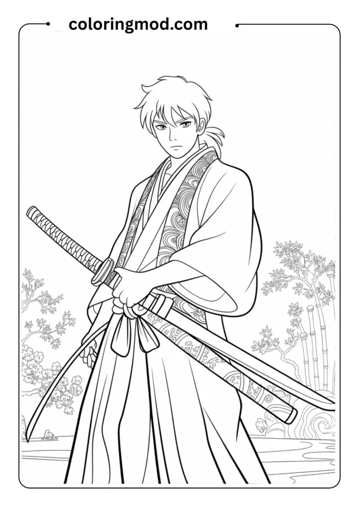 Traditional samurai anime character with long robes and sword, serious expression, outlined for coloring