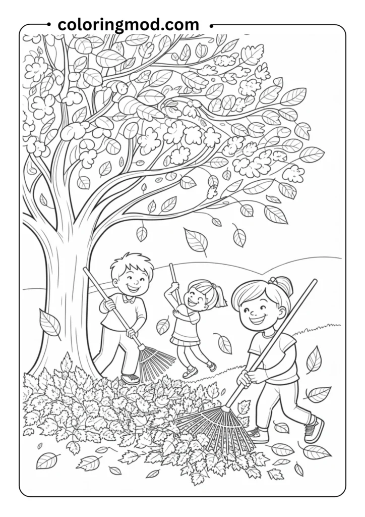 Tree with falling leaves and kids raking them up