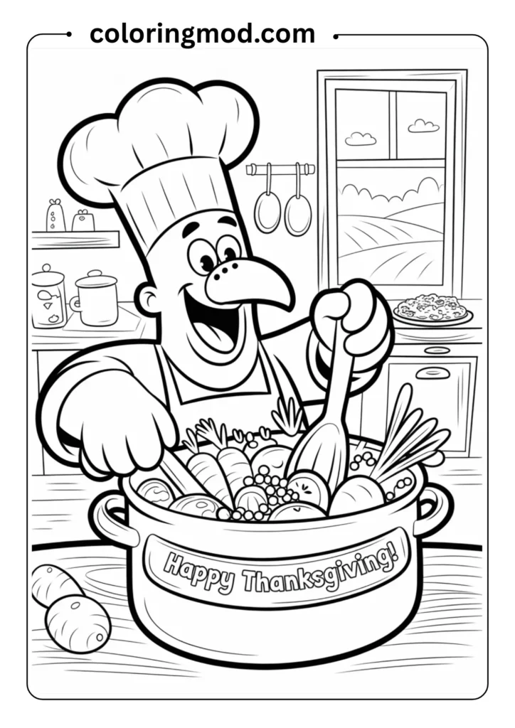 Turkey chef cooking in the kitchen, stirring a pot with vegetables, funny cartoon outline