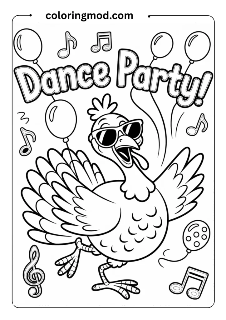 Turkey dancing with sunglasses and a bow tie, fun cartoon style, outlined for kids coloring page