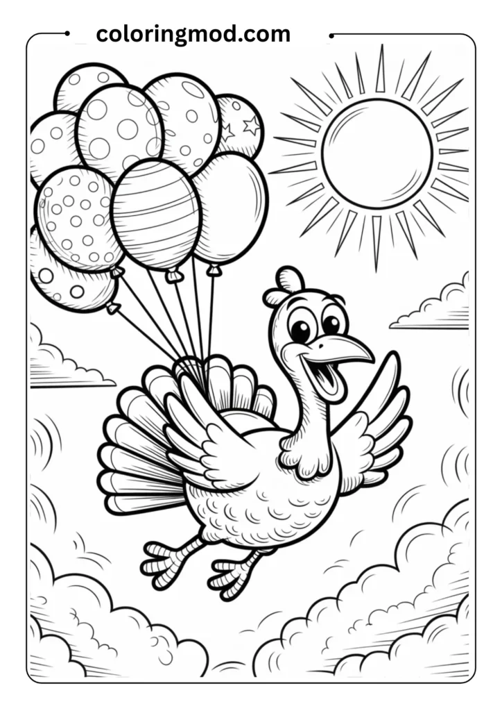 Turkey flying with balloons through the sky, cartoon-style outline for a whimsical coloring page