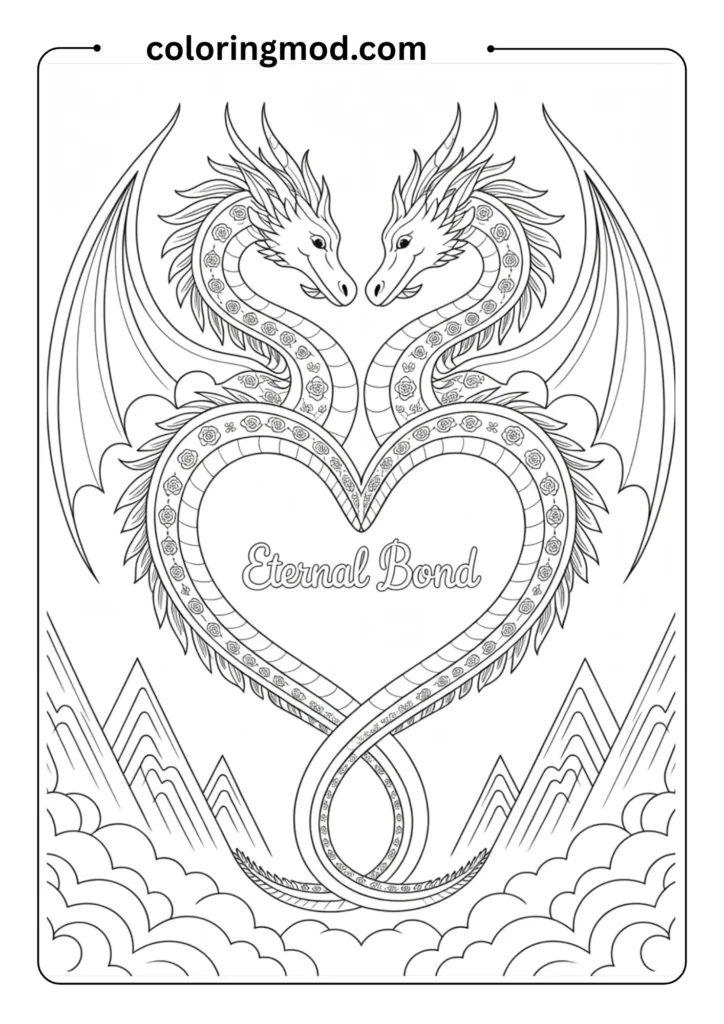 Two dragons in love forming a heart shape