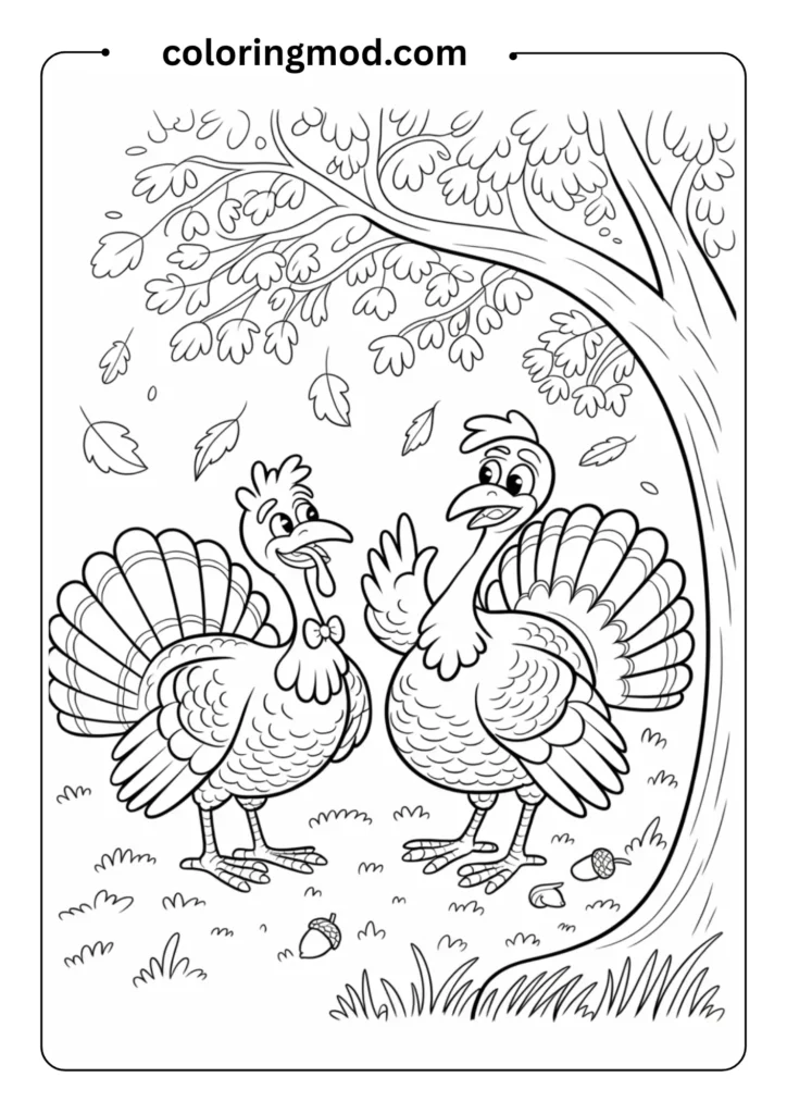 Two turkeys having a conversation under a tree with falling autumn leaves, nature-style line art