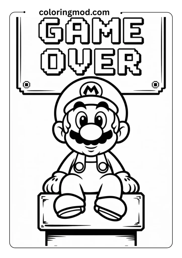 Cartoon-style Mario sitting on a Game Over