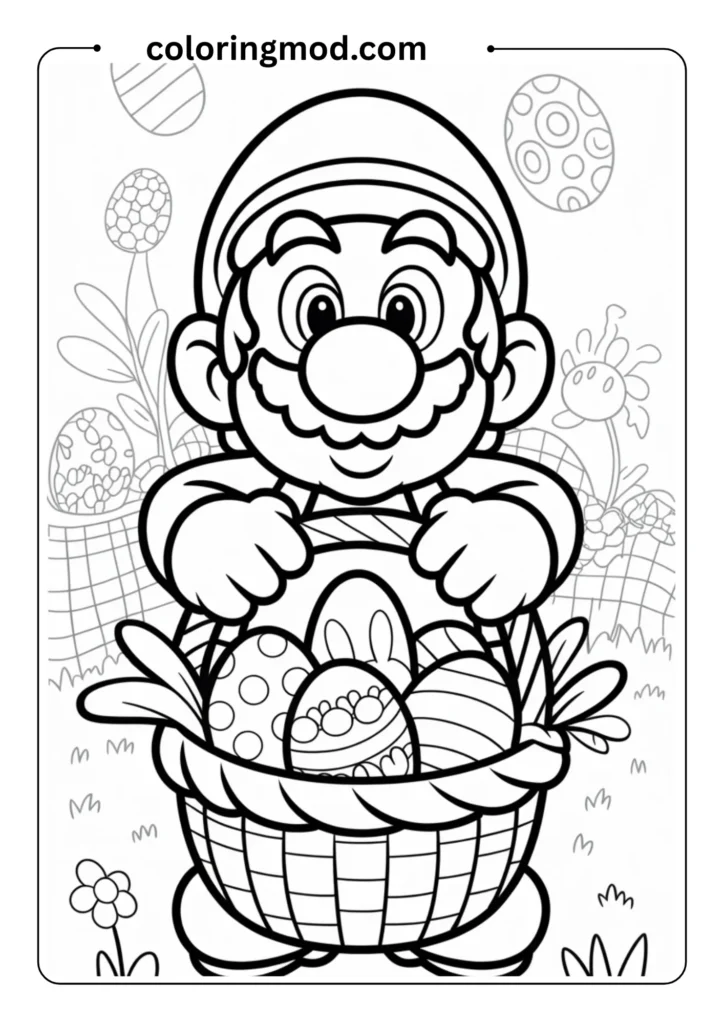 Easter Mario holding a basket with Yoshi eggs