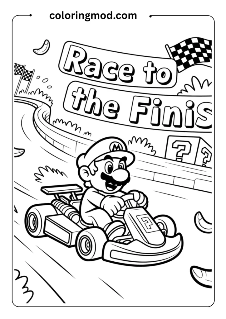 Mario in a go-kart from Mario Kart, zooming