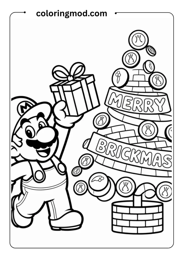 Mario wearing a Santa hat, holding a gift box