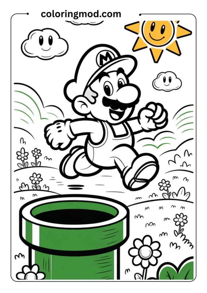 Outlined coloring page of Mario entering a green