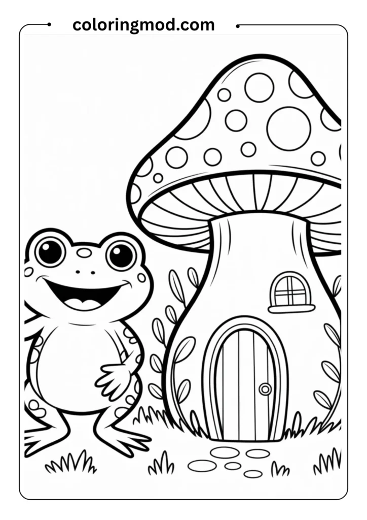 Toad standing in front of a mushroom house
