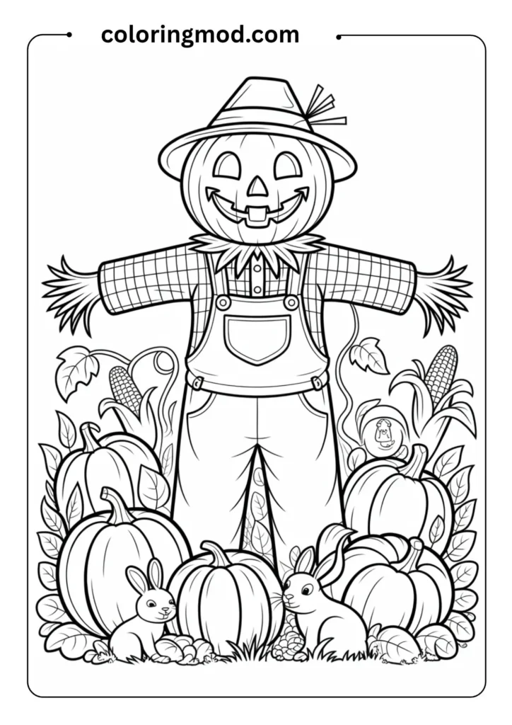 Whimsical coloring page showing a friendly scarecrow with a pumpkin head standing guard in a pumpkin patch. The scarecrow wears