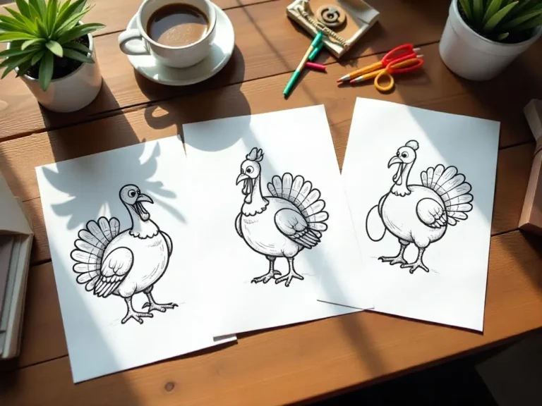 A cozy wooden tabletop with morning sunlight casting soft shadows. Three realistic character coloring pages are laid out side-by-side on white paper sheets. Each page features a detailed, black-and-white sketch of a popular cartoon or movie character[ Turkey Coloring Pages ]in dynamic poses, ready to be colored. Around the pages are scattered colored pencils, a steaming cup of coffee, a sketchbook, a small potted plant, and a toy figurine. The scene feels creative and inviting, with a soft, natural light enhancing the warm tones of the wooden surface.