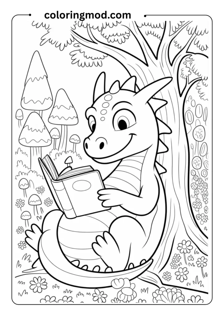 friendly dragon reading a book in a magical