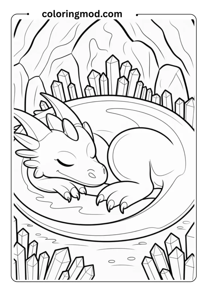 sleepy dragon curled up in a cave, surroundedhead Mario face with labeled feature