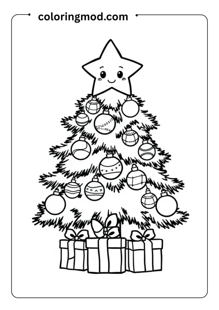 A Christmas tree with big ornaments, smiling star on top, and presents below, outlined in thick lines for coloring