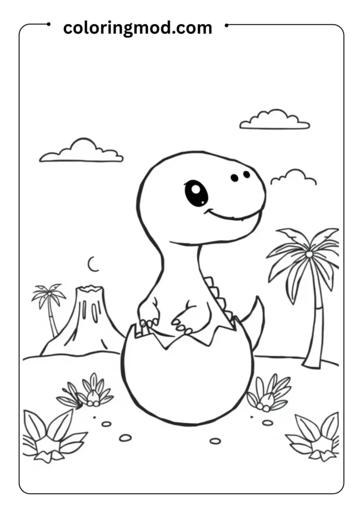 A baby dinosaur hatching from an egg, surrounded by volcanoes and palm trees,