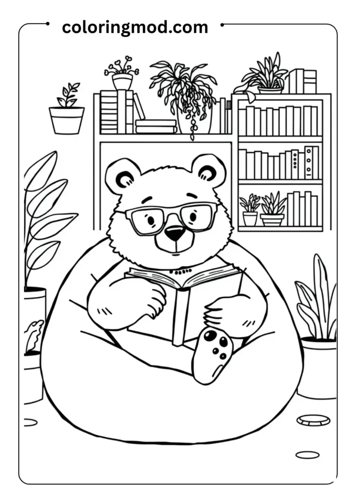 A bear wearing glasses reading a book on a bean bag chair with plants, bookshelves, and a cup of tea