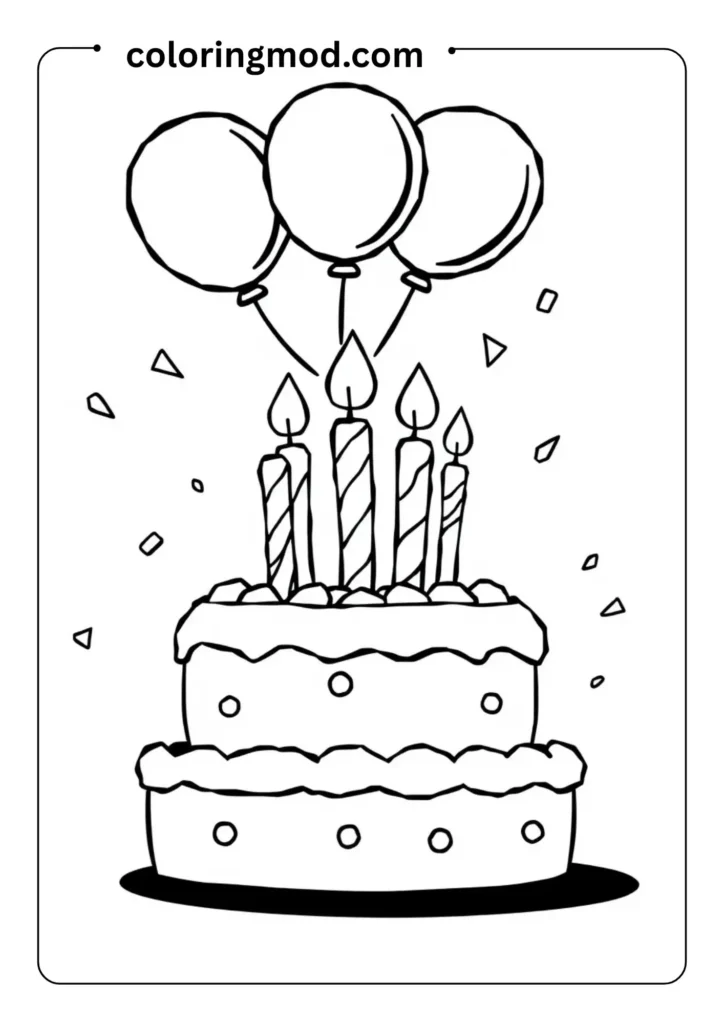 A birthday cake with three candles, balloons floating above, and confetti,