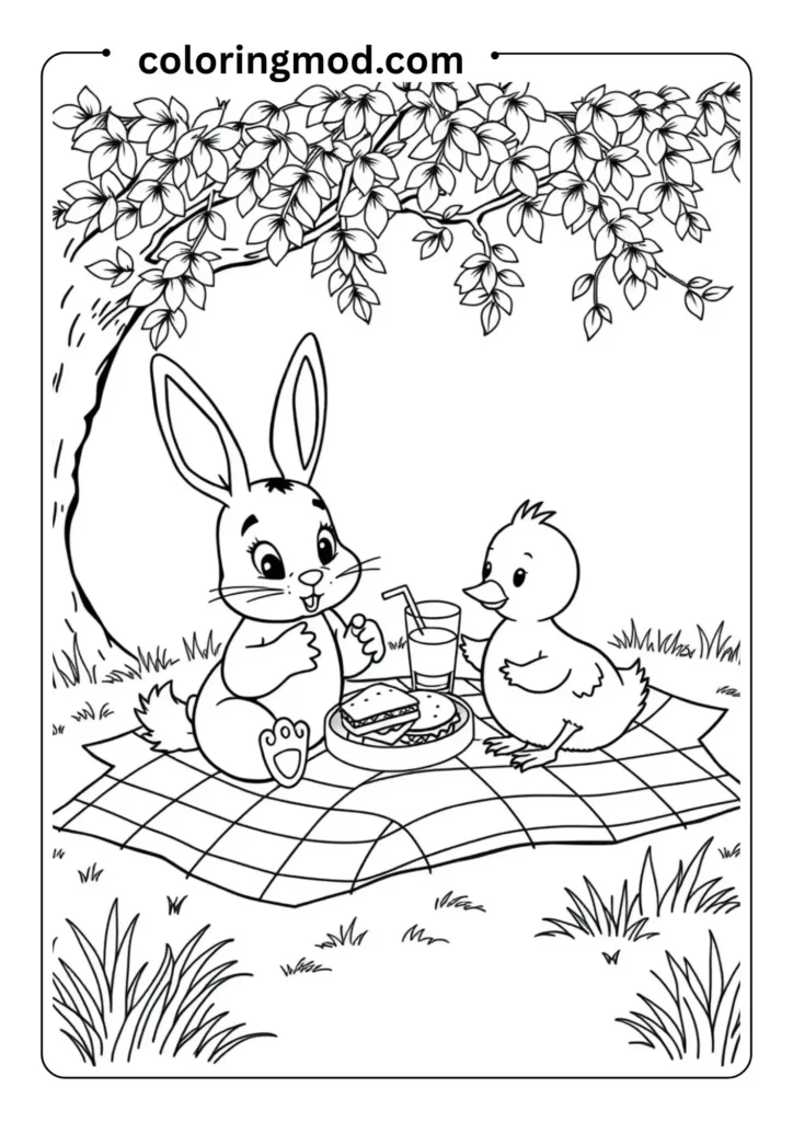 A bunny and duckling sitting on a checkered blanket, enjoying sandwiches and lemonade under a tree