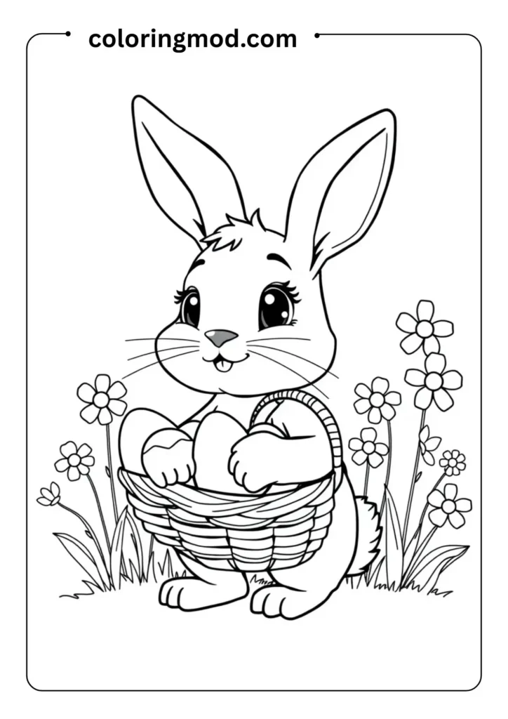 A bunny with long ears holding a basket of Easter eggs, with spring flowers in the background,