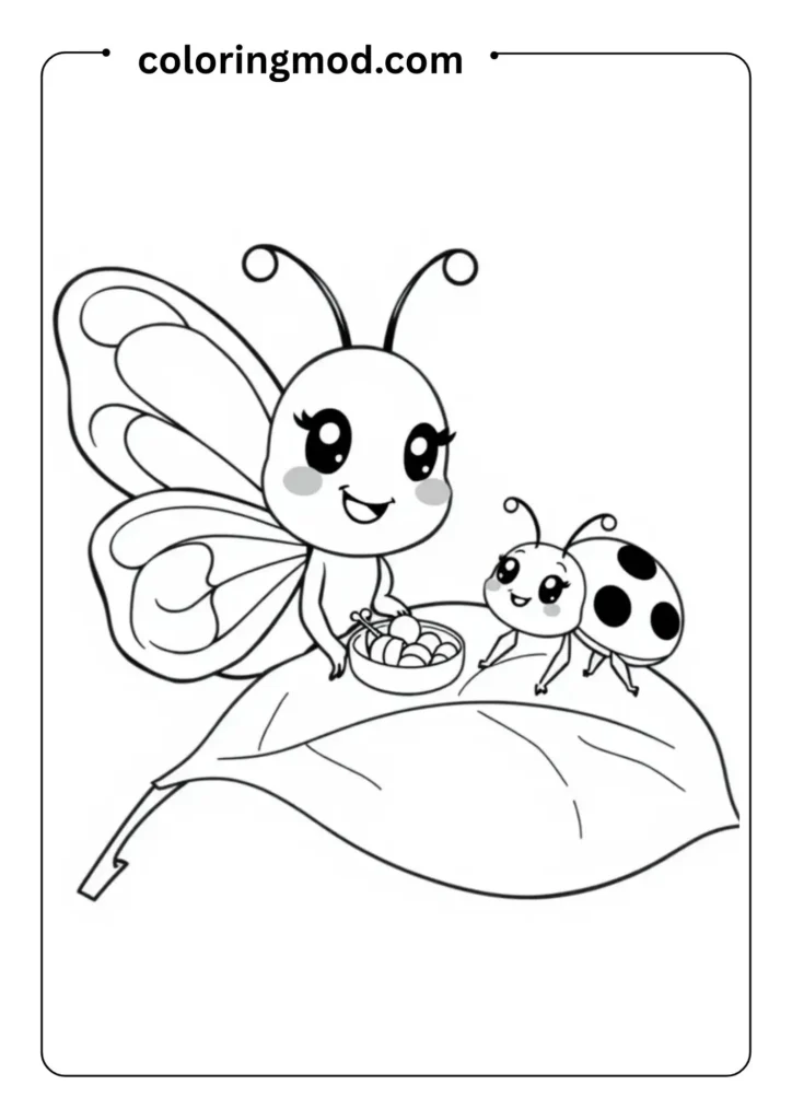 A butterfly and a ladybug having a picnic on a leaf, with smiling expressions, cartoon-style outlined
